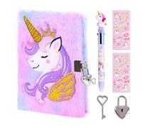 PrinBarBee Unicorn Diary with Lock for Girls,Cute Plush Journal Notebook Set for Kid with Stickers,Fluffy Secret Notebook for Writing and Drawing Gifts for Girls ages 6-8