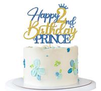 Prince 2nd Birthday Cake Topper - Happy 2nd Birthday Cake Supplies for Boy - Boy Two Years Old Birthday Party Decorations - Blue & Gold Glitter