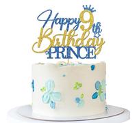 Prince 9th Birthday Cake Topper - Happy 9th Birthday Cake Supplies for Boy - Boy Nine Years Old Birthday Party Decorations - Blue & Gold Glitter