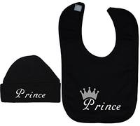 Prince Baby Feeding Bib & Beanie Hat/Cap Set - 6-12 Months - Black