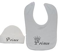 Prince Baby Feeding Bib & Beanie Hat/Cap Set - 6-12 Months - White