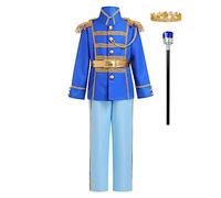 Prince Charming Costume Boys Kids Royal Prince Outfits Jacket Pants Crown Belt Set Carnival Dress Up World Book Day Costume Halloween Party Role Play Clothes Blue + Pants + Crown + Scepter 8-10 Years
