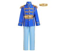Prince Charming Costume For Boys Kids Royal Prince Outfits Jacket Pants Crown Belt Set Carnival Dress Up World Book Day Costume Halloween Birthday Party Role Play Clothes Blue&Light Blue 3-4 Years