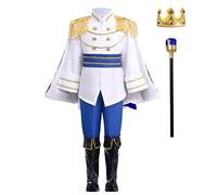 Prince Charming Costume For Boys Kids Royal Prince Outfits Long Sleeve Jacket Pants Crown Belt Set Carnival Dress Up World Book Day Halloween Birthday Party Clothes (Blue + Crown+ Scepter, 7-8 Years)