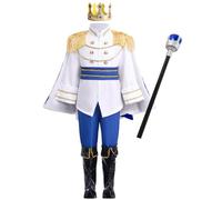 Prince Charming Costume Kids Boys Cinderella Snow White Knight King Crown Role Play Cosplay Suits World Book Day Halloween Carnival Dress Up Fancy Prince Costume Royal Blue+Crown+Scepter 9-10 Years