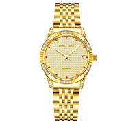 PRINCE GERA 18K Gold Plated Women's Automatic Watches Crystal Calendar Date Diamond Mechanical Metal Sapphire Waterproof Golden Rhinestones Dress Wristwatches with Stainless Steel Band