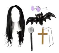 Prince Of Darkness Accessory Set for Adults - Includes Black Long Wig, Foil Balloon Bat, Round Hippy Glasses,Cross Necklace and Silver Microphone for Fancy Dress Parties