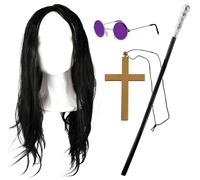 Prince Of Darkness Accessory Set for Adults - Includes Black Long Wig, Purple Hippy Glasses, Cross Necklace, Silver Microphone and Silver Cane for Fancy Dress Parties