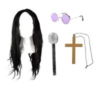 Prince Of Darkness Accessory Set for Adults - Includes Black Long Wig, Round Hippy Glasses, Cross Necklace and Silver Microphone for Fancy Dress Parties