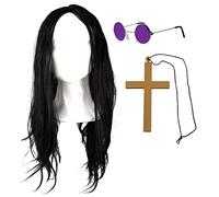 Prince of Darkness Accessory Set - Long Black Wig, Circular Glasses and a Gold Cross - 3 Piece Adults 70s/80s Rock Star Fancy Dress Costume Accessory Set
