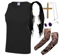 Prince Of Darkness Costume Set for Adults - Includes Black Vest Top, Black long Wig, Round Glasses, Cross Necklace, Tattoos Sleeves - 70's 80's Music Icon Fancy Dress Costume