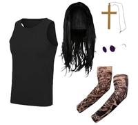 Prince Of Darkness Costume Set for Adults - Includes Black Vest Top, Black long Wig, Round Glasses, Cross Necklace, Tattoos Sleeves - 70's 80's Music Icon Fancy Dress Costume