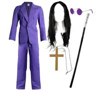 Prince Of Darkness Costume Set with Purple Suit - Includes Black Wig, Round Glasses, Gold Cross Necklace & Silver Cane - Rock Star Fancy Dress Outfit - X-Large