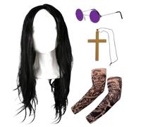 Prince Of Darkness Osbourne Accessory Set for Adults - Includes Black Long Wig, Round Hippy Glasses, Cross Necklace and Tattoo Sleeves for Fancy Dress Parties Halloween Set