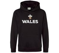 Prince of Wales Kids Hoodie Cymru Rugby Supporter Hoody Boys Girls Welsh Feathers, 5-6 Years, Black