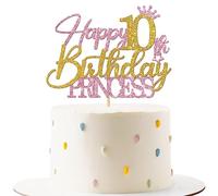 Princess 10th Birthday Cake Topper - Happy 10th Birthday Cake Supplies for Girl - Girl Ten Years Old Birthday Party Decorations - Pink & Gold Glitter
