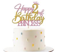 Princess 2nd Birthday Cake Topper - Happy 2nd Birthday Cake Supplies for Girl - Girl Two Years Old Birthday Party Decorations - Pink & Gold Glitter