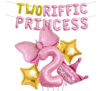 Princess 2nd Birthday Decorations Two-riffic Princess Balloon Set 40 Inch Number Large Helium Foil Mylar Princess Crown Balloon Pink Bow Foil Balloons for Girls 2-year-old Birthday Party Decoration