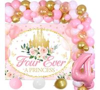 Princess 4th Birthday Decorations, Pink and Gold Birthday Arch Garland Kit "Four Ever a Princess" Castles Floral Backdrop Balloons Garland for Girls Princess 4 Years Old Party