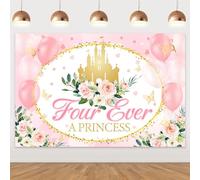 Princess 4th Birthday Party Decorations, Four Ever a Princess Backdrop Pink and Gold Royal Castle Flowers Background Cloth for Girls Princess Themed 4 Years Old Birthday Party Supplies (5 * 3ft)