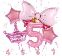 Princess 5th Birthday Decorations - Pink Crown Balloon, Number 5 Foil Balloons, Pink Bows for Girls