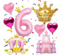 Princess 6th Birthday Balloons,Large Pink Crown 6 Balloon,Castle Balloon Gold Crown Foil Balloons Carriage Balloon,Party Decorations Supplies Favors