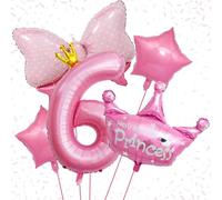 Princess 6th Birthday Decorations - Pink Balloon Set with 60 Inch Number 6, Large Helium Crown Balloon, Bow Foil Balloons for Girls Party