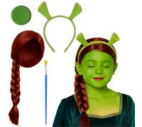 Princess Accessories, Halloween Costume, 4 PCS Princess Costume with Alien Headband Red Plait Wig Green Facepaint and brush, Alien Headband Kids for Halloween Carnival Fancy Dress Costumes for 14+