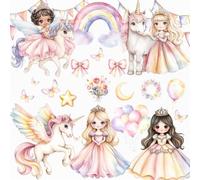 Princess and Unicorn Wall Stickers - Rainbow Girls Bedroom Wall Decals, Removable Nursery Decor, Pastel Fairy Tale Wall Art, 6 A4 Sheets