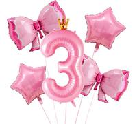 Princess Balloons 40 Inch Crown Pink Number 3 Balloon Pink Bow Foil Balloons for Princess Theme Birthday Party Decorations Supplies