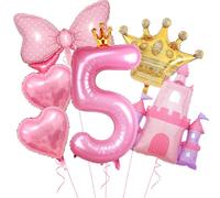 Princess Balloons for 5th Birthday Decorations Girl Castle Balloons Large Pink Crown Number 5 Balloon Pink Foil Balloon for Princess Birthday Party Decorations Supplies