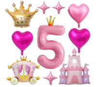 Princess Balloons for Girls' Birthday Party Decorations Pink Gold Crown Castle Balloon,Heart Star Foil Balloon Carriage Balloon 40in Large Number Foil Balloon (5th)
