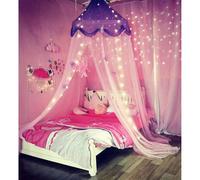 Princess Bed Canopy with Lights and Gold Star Mosquito Net - Easy Ceiling Mount with Sticky Hook - Fits Twin to Queen, Girls Room Decor