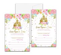 Princess Birthday Party Invitation, Fairytale Castle Themed FillIn Invites, 20 Gold Foil Floral Invitations With Envelopes for Teens Girls (4 X 6), Kids Royal Party Favors Decorations and Supplies
