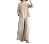 PRINCESS BRIDE Breathable Lightweight Women's Two Piece Set Linen Top Wide Leg Pants Linen Two Clothing Set, 3XL, Light Khaki