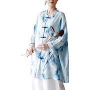 PRINCESS BRIDE Chinatown Embroidered Cotton Linen Top Women's Frog Button Cardigan Long Trench Coat Outwears Loose Shirt Jacket for Gift, One Size, Blue
