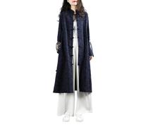 PRINCESS BRIDE Chinatown Embroidered Cotton Linen Top Women's Frog Button Cardigan Long Trench Coat Outwears Loose Shirt Jacket for Gift, One Size, Navy