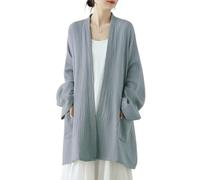 PRINCESS BRIDE Cotton Linen Japanese Retro Zen Cardigan Lazy Loose Slim Long Sleeve Open Front Jacket Tops, XL, Grey