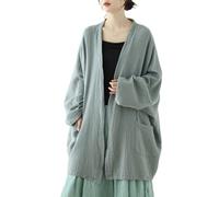 PRINCESS BRIDE Cotton Linen Japanese Retro Zen Cardigan Lazy Loose Slim Long Sleeve Open Front Jacket Tops, L, Light Green