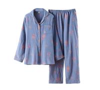 PRINCESS BRIDE Cotton Women Pajamas Set Button Down Pjs Set Long Shirt Pants Lapel Casual Lounge Set Lightweight Sleepwear, XL, Blue