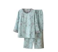 PRINCESS BRIDE Gauze Jacquard Cotton Set Womens Pajamas Set Summer Lounge Sets Hanfu Loose Kimono Slant Collar, XL, Blue