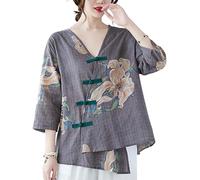 PRINCESS BRIDE Hanfu Linen Casual Loose Blouse 3/4 Sleeve V Neckline Chinese Traditional Clothes with Chinese Frog Button Tops Summer A3- L Grey
