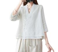 PRINCESS BRIDE Hanfu Linen Casual Loose Blouse 3/4 Sleeve V Neckline Chinese Traditional Clothes with Chinese Frog Button Tops Summer A5- XL White