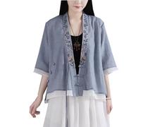PRINCESS BRIDE Hanfu Linen Casual Loose Blouse 3/4 Sleeve V Neckline Chinese Traditional Clothes with Chinese Frog Button Tops Summer A13- XL Blue