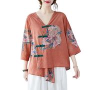 PRINCESS BRIDE Hanfu Linen Casual Loose Blouse 3/4 Sleeve V Neckline Chinese Traditional Clothes with Chinese Frog Button Tops Summer A4- L Orange