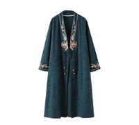 PRINCESS BRIDE Linen Elegant Embroidery Women's Frog Button Cardigan Long Trench Coat Outwears Loose Shirt Jacket, L, Dark Green