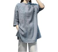 PRINCESS BRIDE Summer Cotton Linen Frog Button Hanfu Retro Embroidered Tops Blouse Tang Suit T-Shirt Tea Clothes Zen Meditation Clothes for Women, Medium, Blue