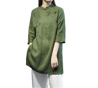 PRINCESS BRIDE Summer Cotton Linen Frog Button Hanfu Retro Embroidered Tops Blouse Tang Suit T-Shirt Tea Clothes Zen Meditation Clothes for Women, Medium, Green