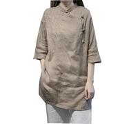 PRINCESS BRIDE Summer Cotton Linen Frog Button Hanfu Retro Embroidered Tops Blouse Tang Suit T-Shirt Tea Clothes Zen Meditation Clothes for Women,X-Large, Light Brown
