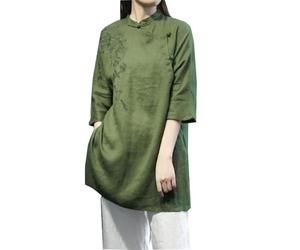 PRINCESS BRIDE Summer Cotton Linen Frog Button Hanfu Retro Embroidered Tops Blouse Tang Suit T-Shirt Tea Clothes Zen Meditation Clothes for Women,XXX-Large, Green